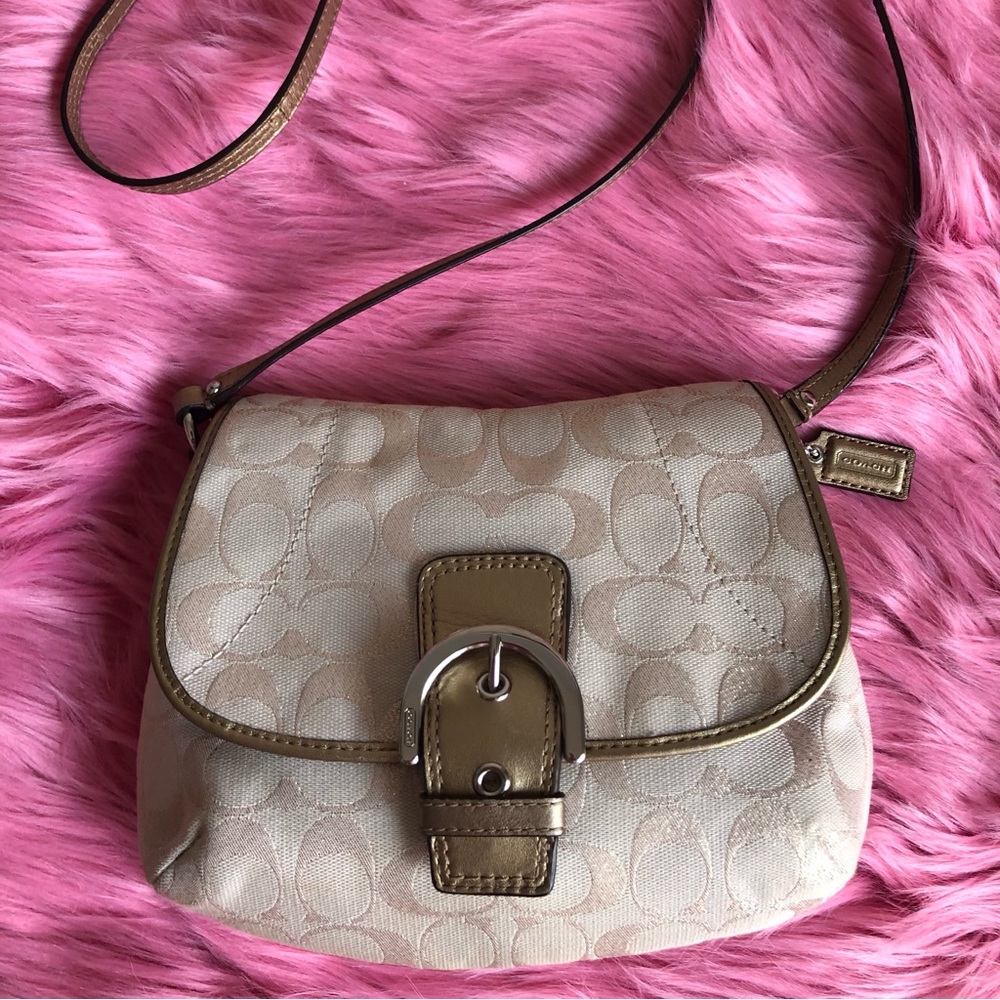 🌼Like-New Small Coach Crossbody Cream Fabric and Gold Leather Strap and Trims🌼